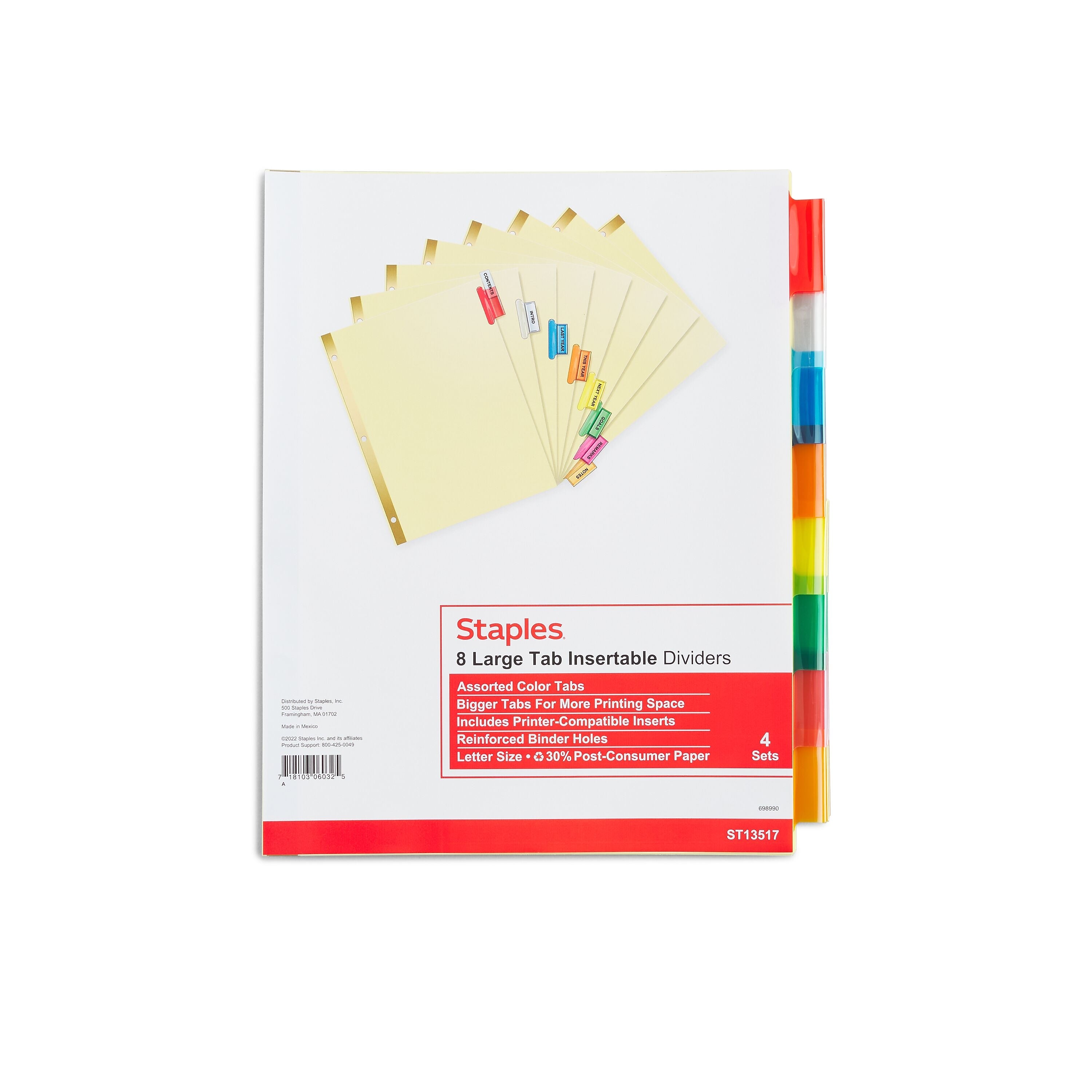 Staples Large Tab Insertable Dividers, 8-Tab, Assorted Colors, 4/Pack