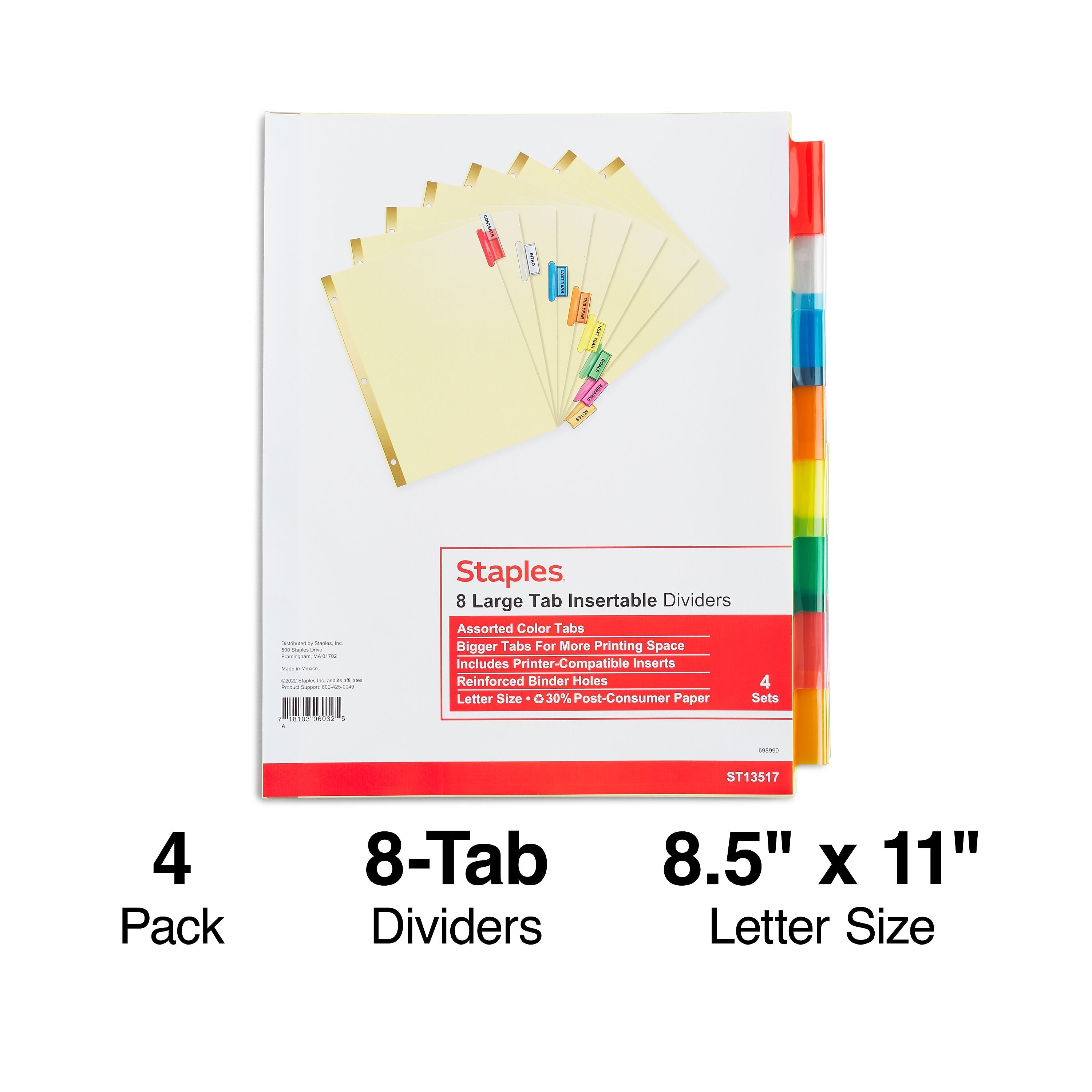 Staples Large Tab Insertable Dividers, 8-Tab, Assorted Colors, 4/Pack