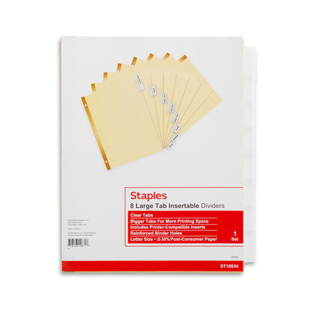 Staples Large Tab Insertable Dividers, 8-Tab, Clear