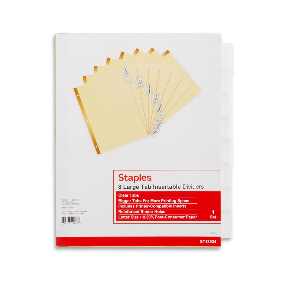 Staples Large Tab Insertable Dividers, 8-Tab, Clear