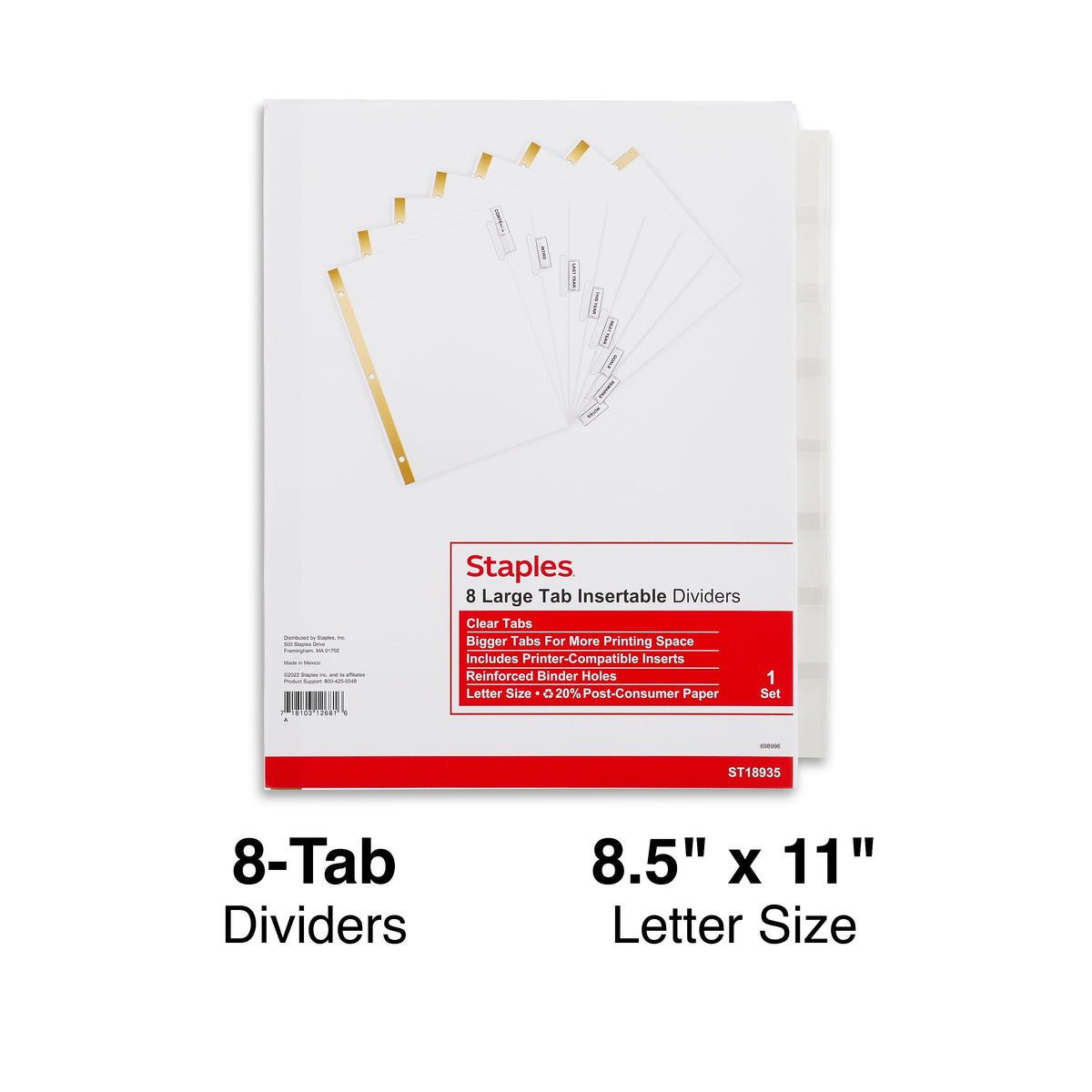 Staples Large Tab Insertable Dividers, 8-Tab, Clear