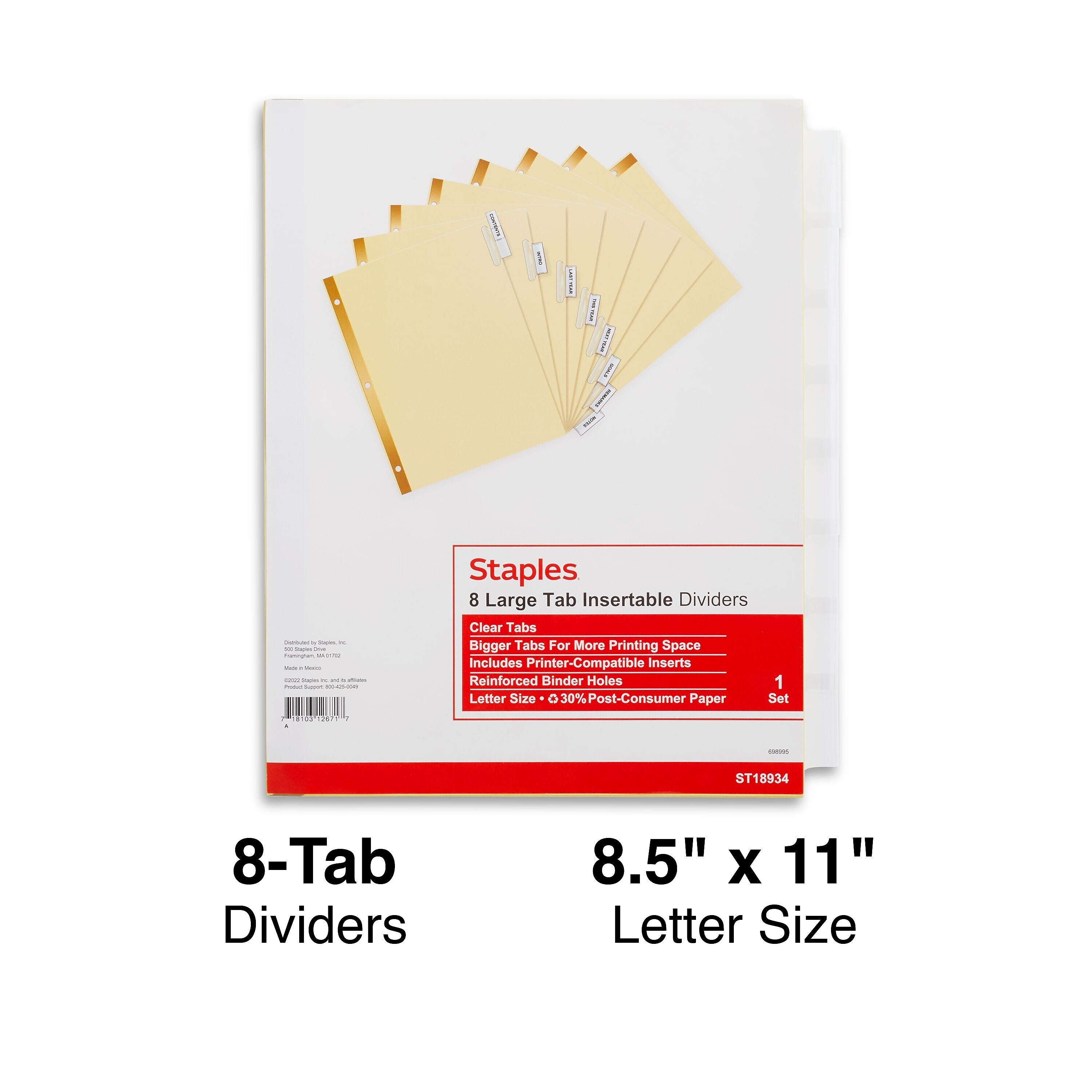 Staples Large Tab Insertable Dividers, 8-Tab, Clear