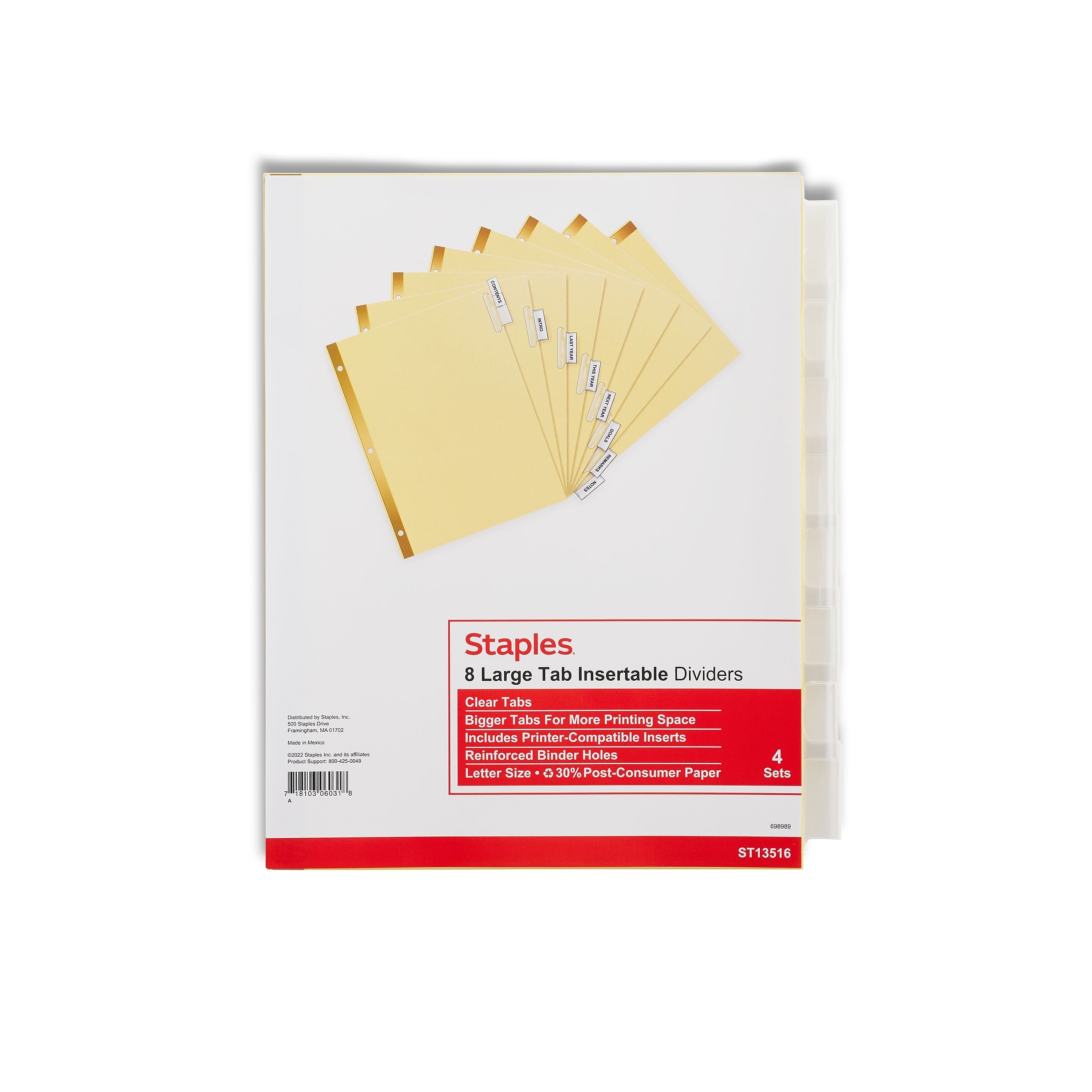 Staples Large Tab Insertable Dividers, 8-Tab, Clear, 4/Pack