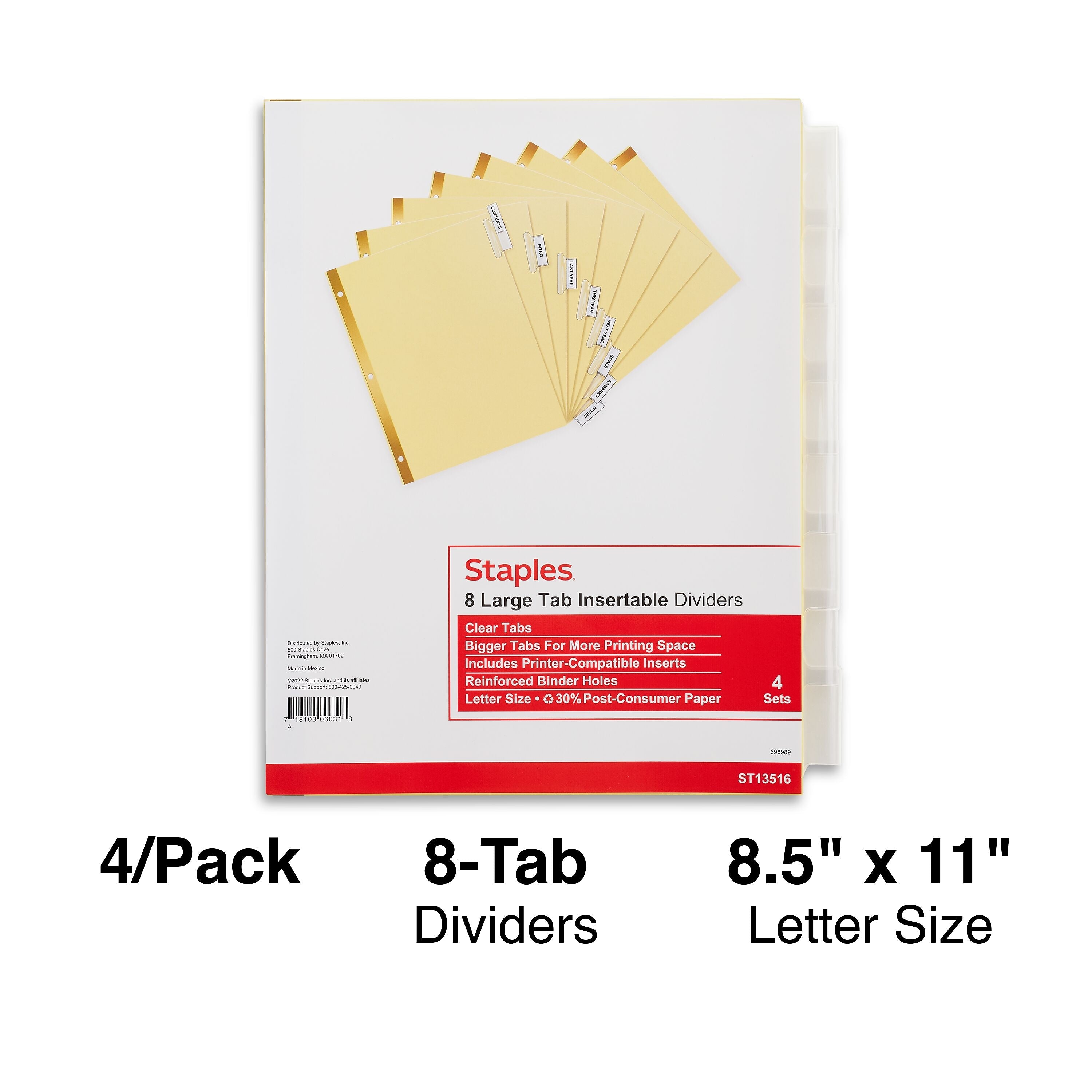 Staples Large Tab Insertable Dividers, 8-Tab, Clear, 4/Pack