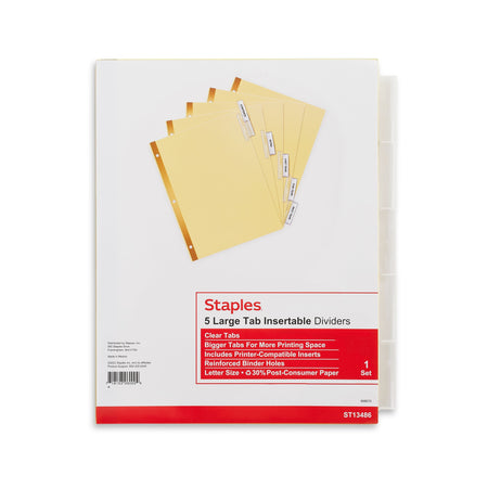 Staples Large Tab Insertable Paper Dividers, Clear 5 Tab, Buff