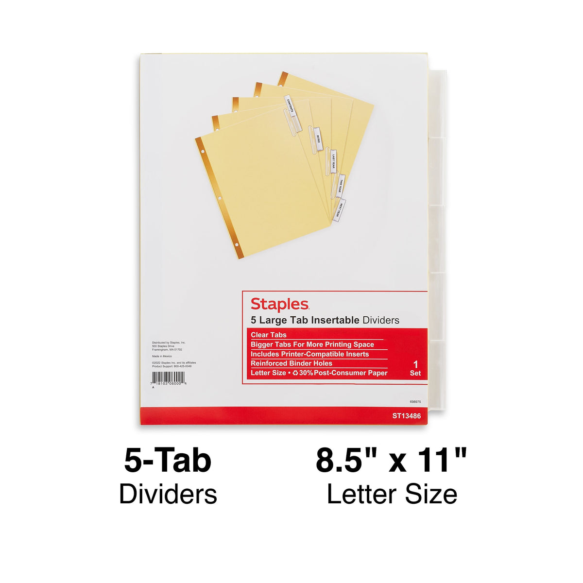 Staples Large Tab Insertable Paper Dividers, Clear 5 Tab, Buff