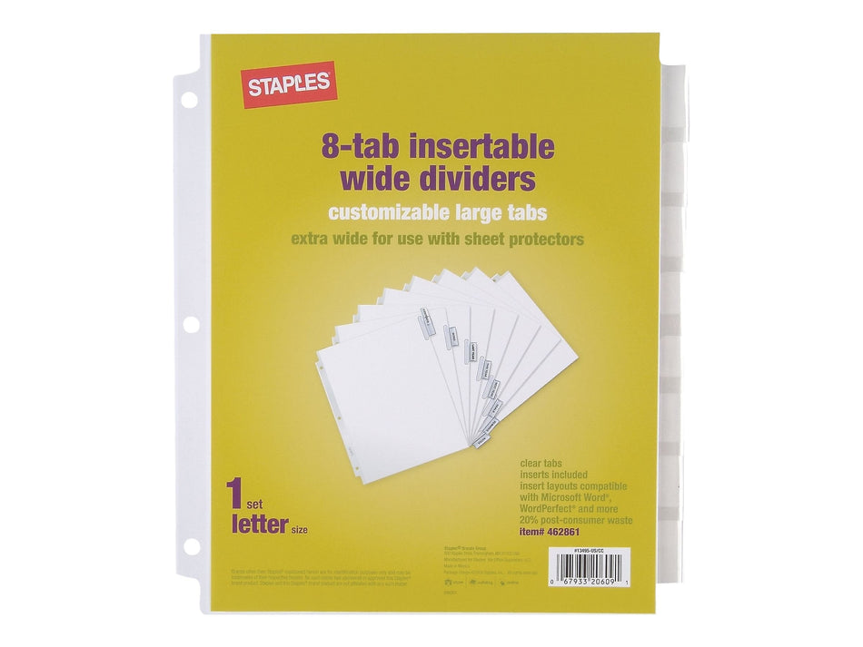 Staples Large Tabs Extra Wide Insertable Paper Dividers, 8-Tab, White