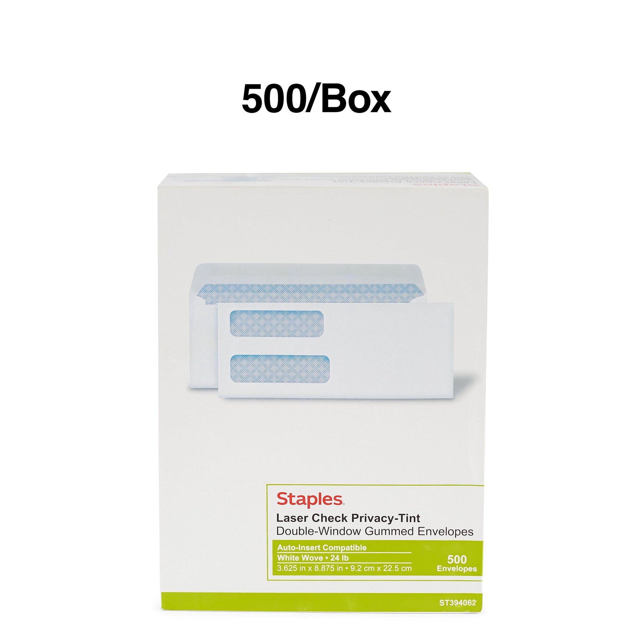 Staples Laser Check Gummed Security Tinted #9 Double-Window Envelopes, 3 5/8