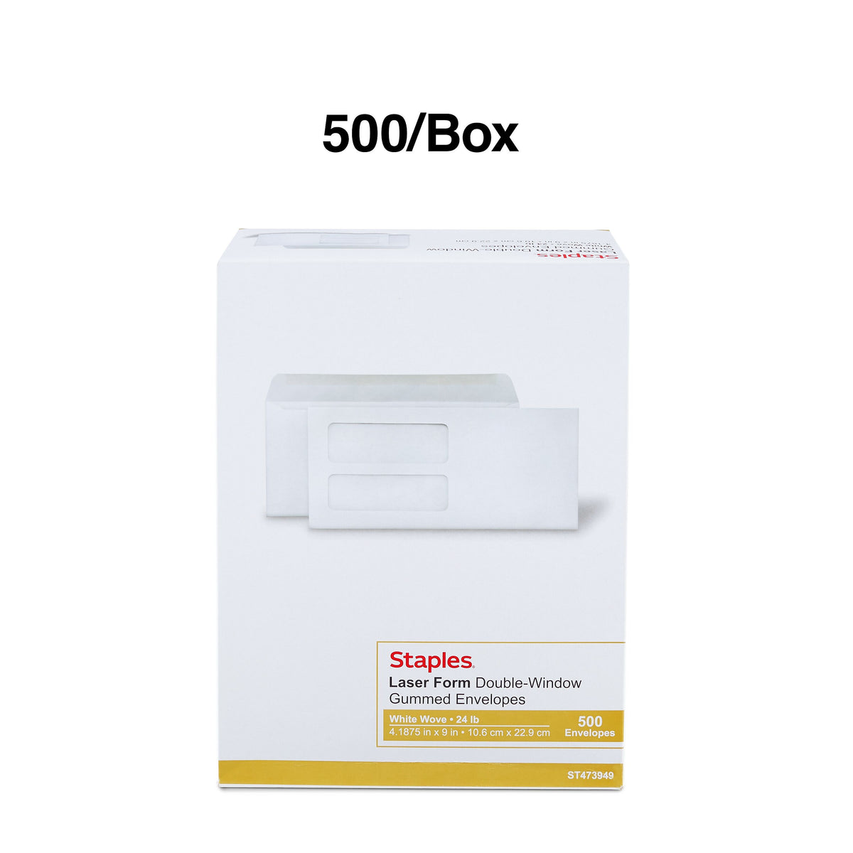 Staples Laser Forms Gummed Double-Window Business Envelopes, 4 1/5" x 9", Wove White, 500/Box