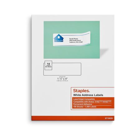 Staples Laser/Inkjet Address Labels, 1 1/3" x 4", White, 14 Labels/Sheet, 100 Sheets/Pack, 1400 Labels/Pack