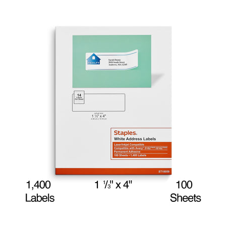 Staples Laser/Inkjet Address Labels, 1 1/3" x 4", White, 14 Labels/Sheet, 100 Sheets/Pack, 1400 Labels/Pack