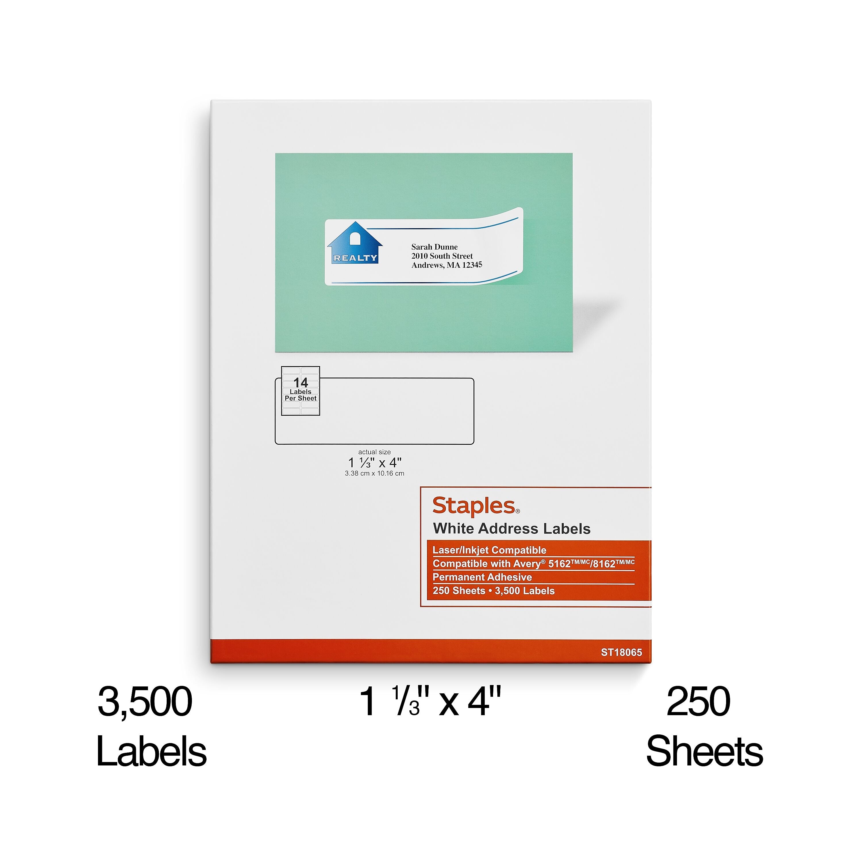 Staples Laser/Inkjet Address Labels, 1 1/3" x 4", White, 14 Labels/Sheet, 250 Sheets/Box, 3500 Labels/Box