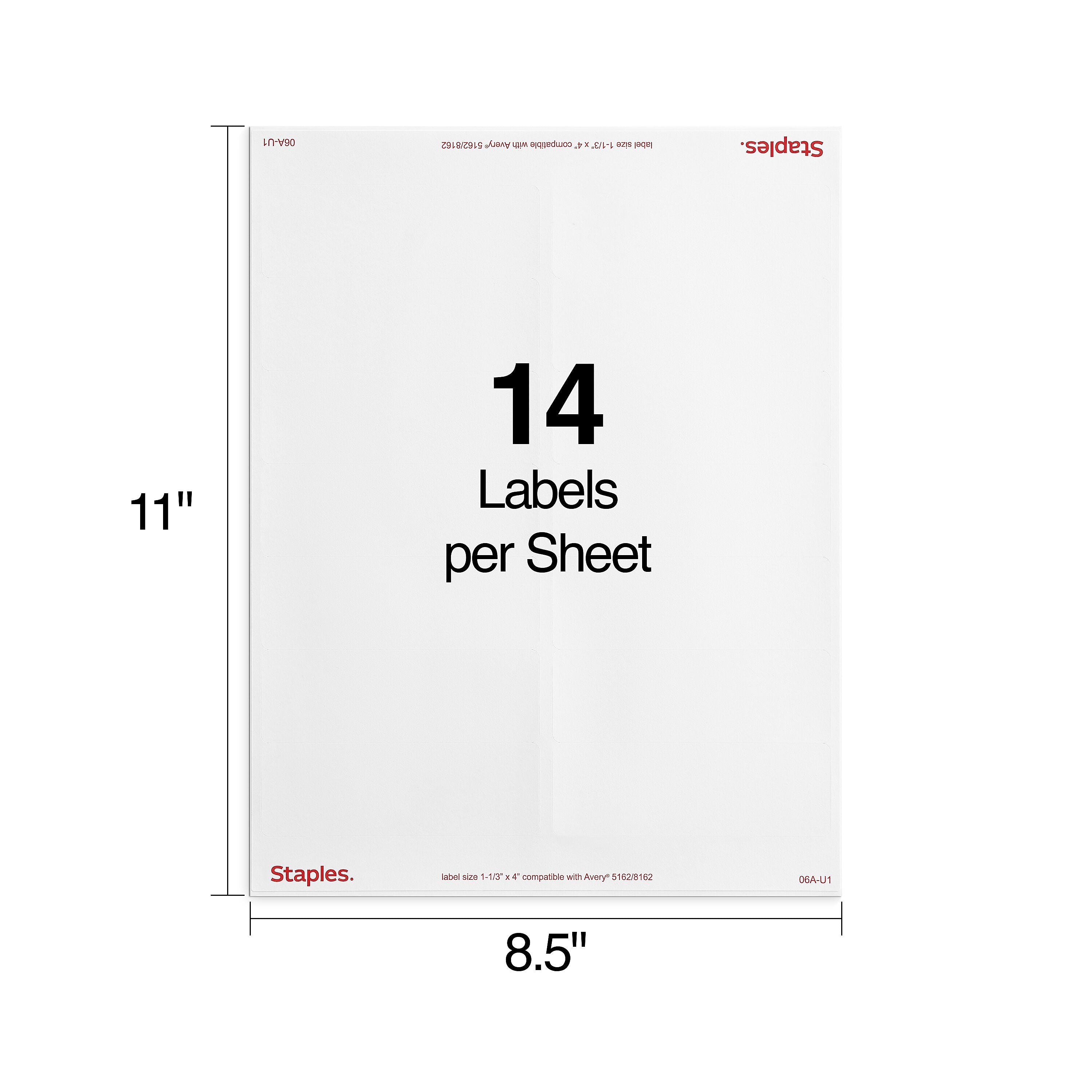 Staples Laser/Inkjet Address Labels, 1 1/3" x 4", White, 14 Labels/Sheet, 250 Sheets/Box, 3500 Labels/Box