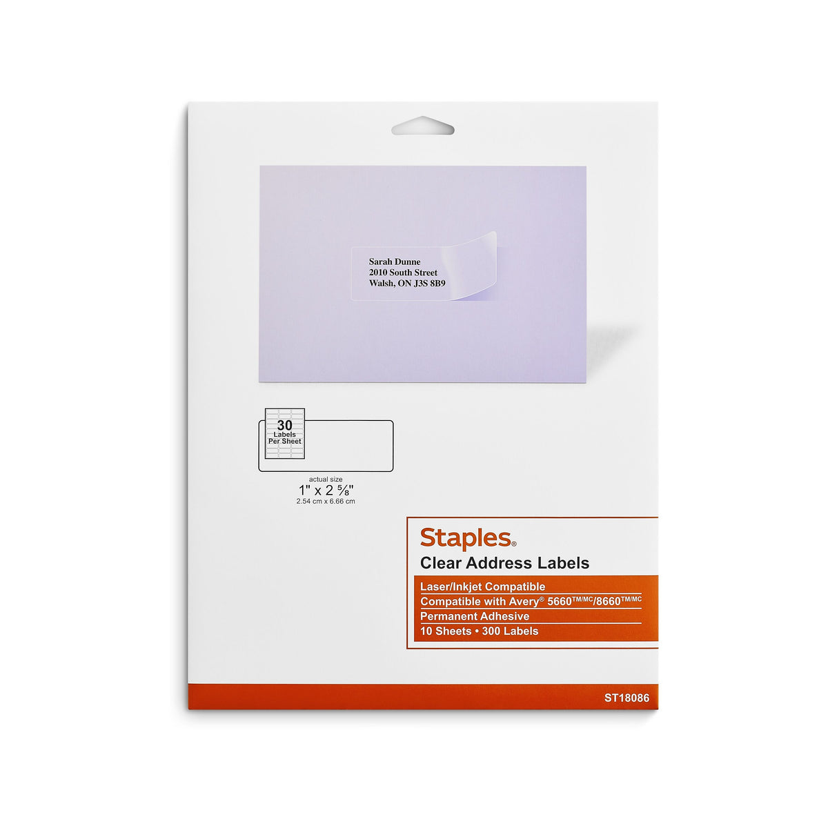 Staples Laser/Inkjet Address Labels, 1" x 2 5/8", Clear, 30 Labels/Sheet, 10 Sheets/Pack, 300 Labels/Box