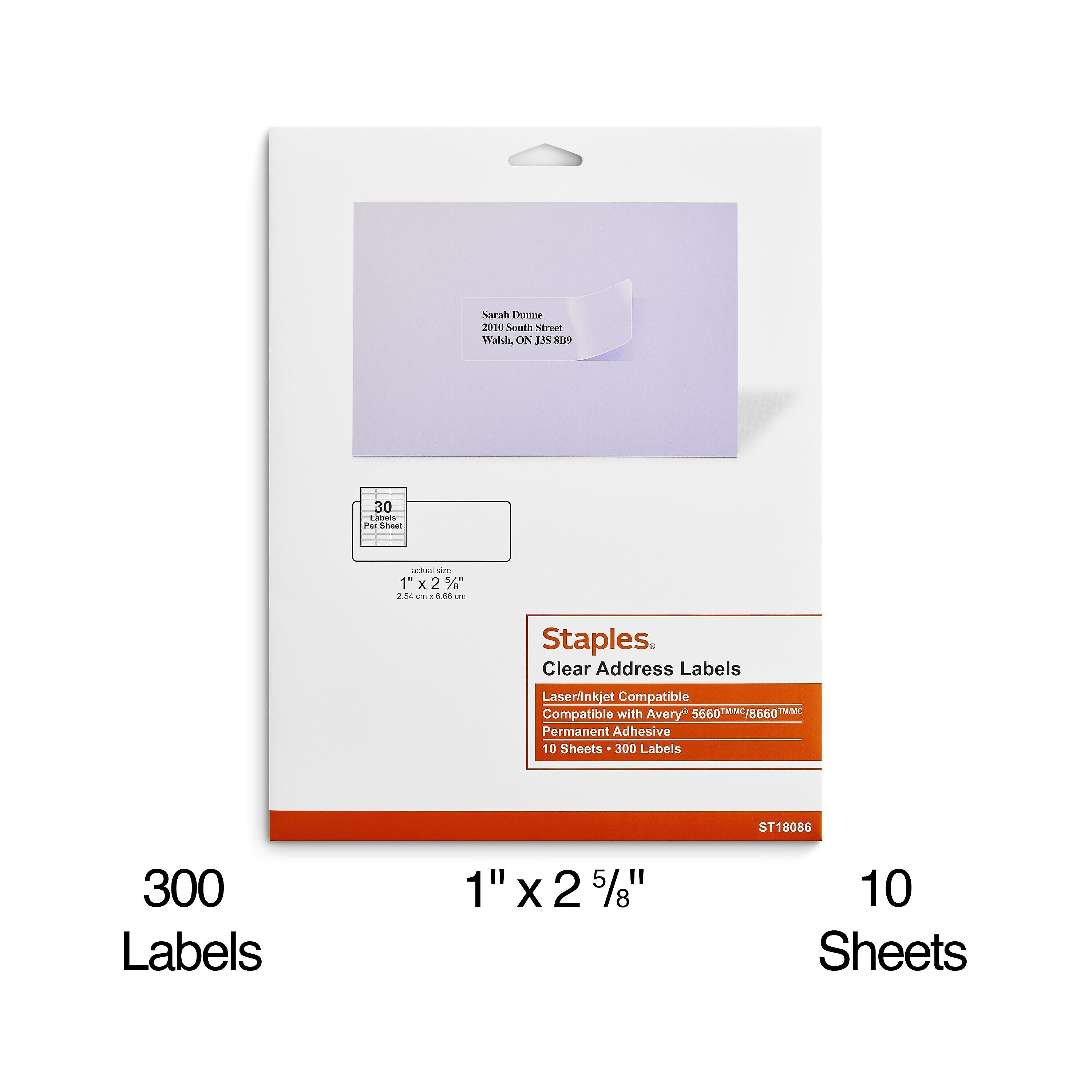 Staples Laser/Inkjet Address Labels, 1" x 2 5/8", Clear, 30 Labels/Sheet, 10 Sheets/Pack, 300 Labels/Box