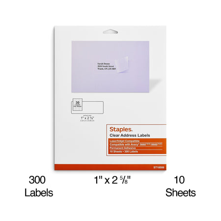 Staples Laser/Inkjet Address Labels, 1" x 2 5/8", Clear, 30 Labels/Sheet, 10 Sheets/Pack, 300 Labels/Box