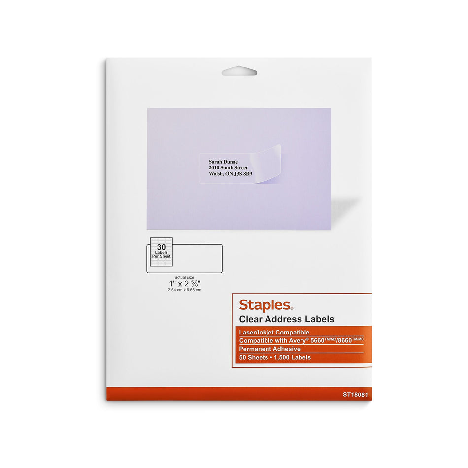 Staples Laser/Inkjet Address Labels, 1 X 2 5/8", Clear, 30 Labels/Sheet, 50 Sheets/Pack, 1500/Box