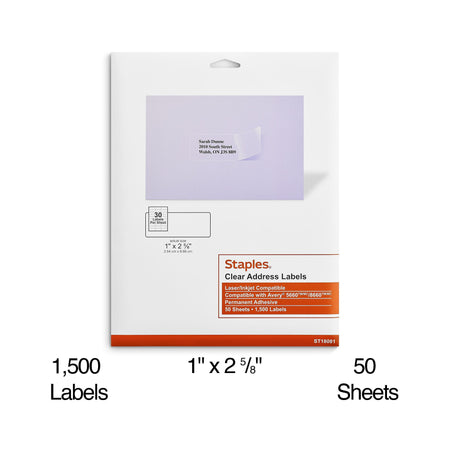 Staples Laser/Inkjet Address Labels, 1 X 2 5/8", Clear, 30 Labels/Sheet, 50 Sheets/Pack, 1500/Box