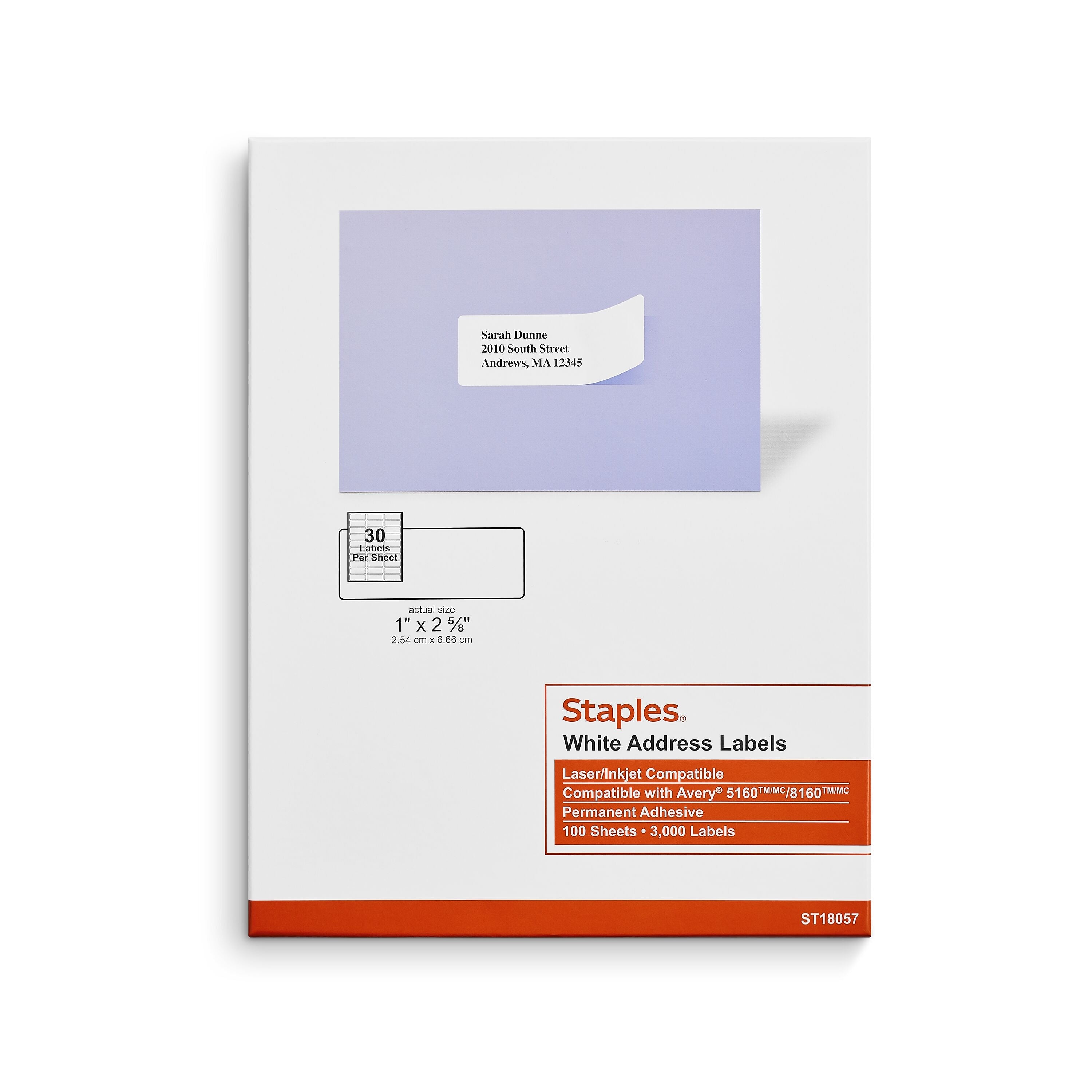 Staples Laser/Inkjet Address Labels, 1" x 2 5/8", White, 30 Labels/Sheet, 100 Sheets/Pack, 3000 Labels/Box