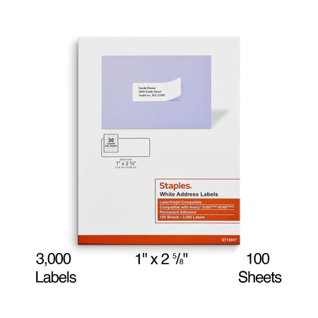 Staples Laser/Inkjet Address Labels, 1" x 2 5/8", White, 30 Labels/Sheet, 100 Sheets/Pack, 3000 Labels/Box