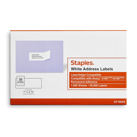 Staples Laser/Inkjet Address Labels, 1" x 2 5/8", White, 30 Labels/Sheet, 1000 Sheets/Pack, 30,000 Labels/Box