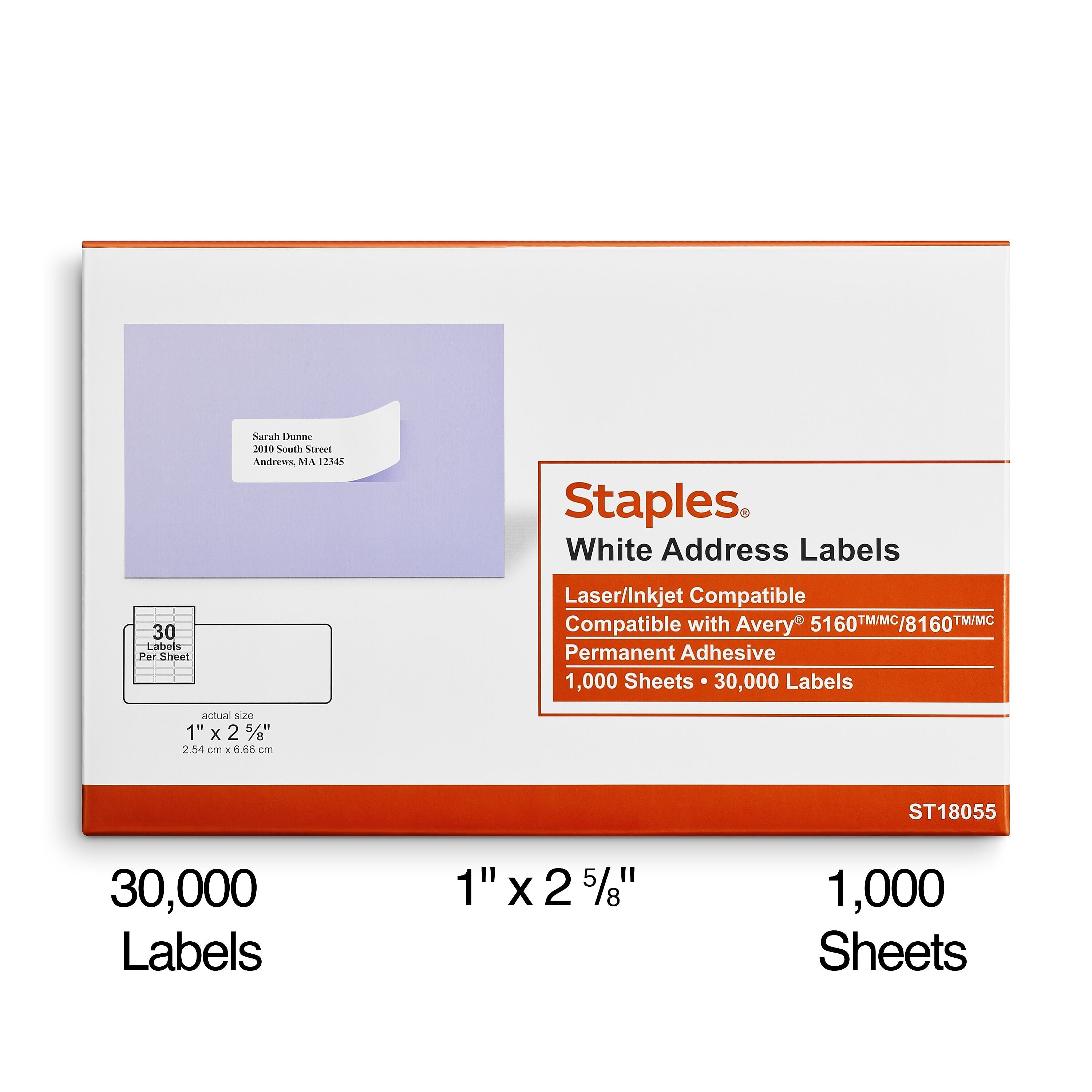 Staples Laser/Inkjet Address Labels, 1" x 2 5/8", White, 30 Labels/Sheet, 1000 Sheets/Pack, 30,000 Labels/Box