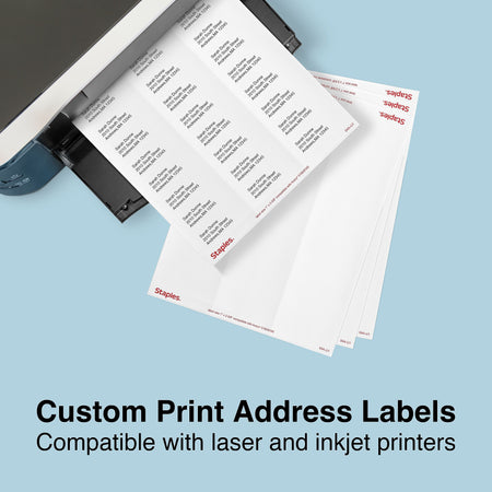 Staples Laser/Inkjet Address Labels, 1" x 2 5/8", White, 30 Labels/Sheet, 1000 Sheets/Pack, 30,000 Labels/Box