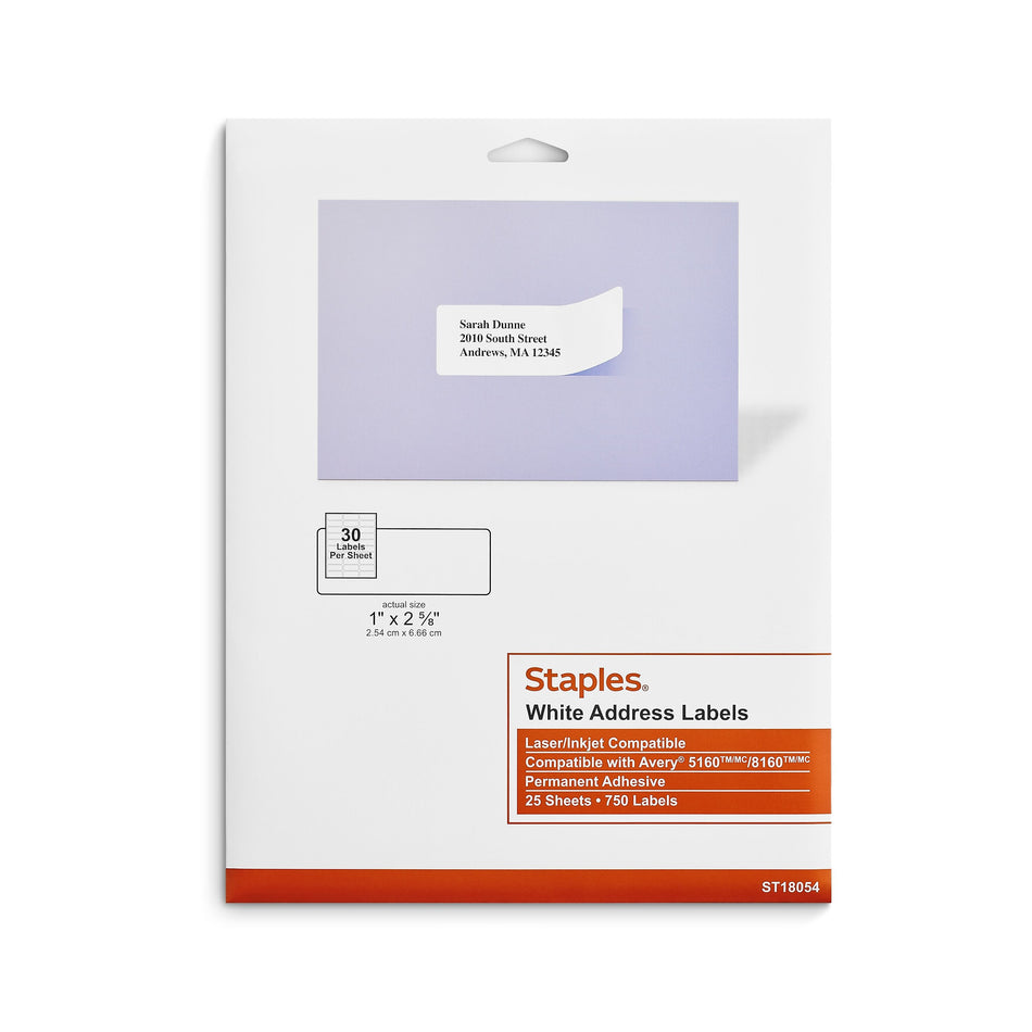 Staples Laser/Inkjet Address Labels, 1" x 2 5/8", White, 30 Labels/Sheet, 25 Sheets/Pack, 750 Labels/Box