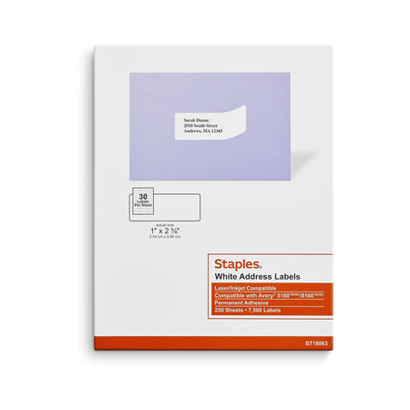 Staples Laser/Inkjet Address Labels, 1" x 2 5/8", White, 30 Labels/Sheet, 250 Sheets/Pack, 7500 Labels/Box