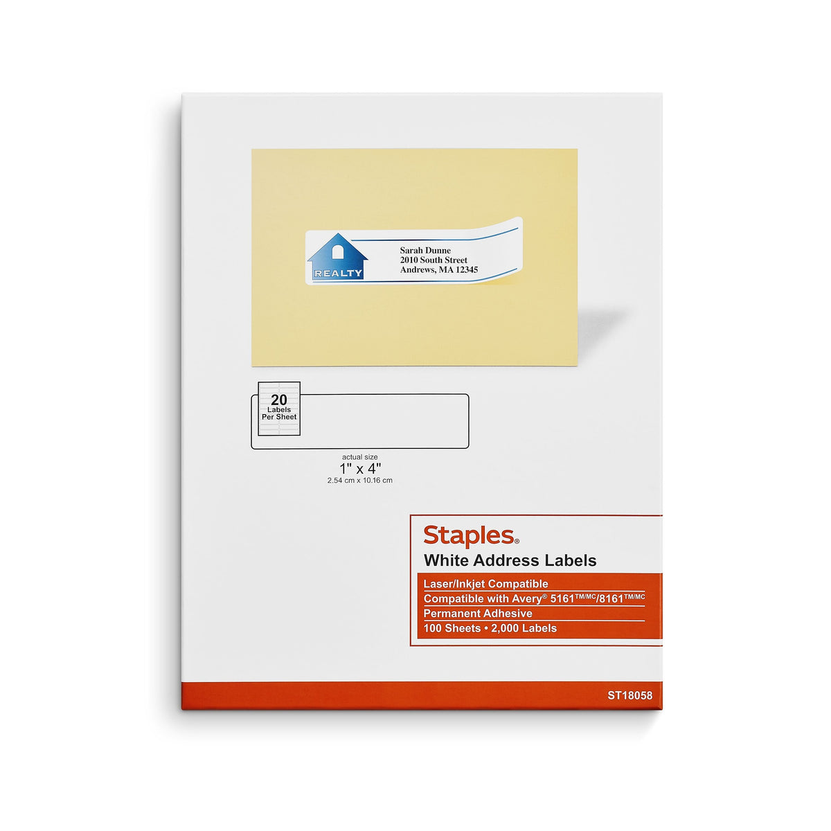 Staples Laser/Inkjet Address Labels, 1" x 4", White, 20 Labels/Sheet, 100 Sheets/Pack, 2000 Labels/Box