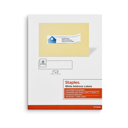 Staples Laser/Inkjet Address Labels, 1" x 4", White, 20 Labels/Sheet, 100 Sheets/Pack, 2000 Labels/Box