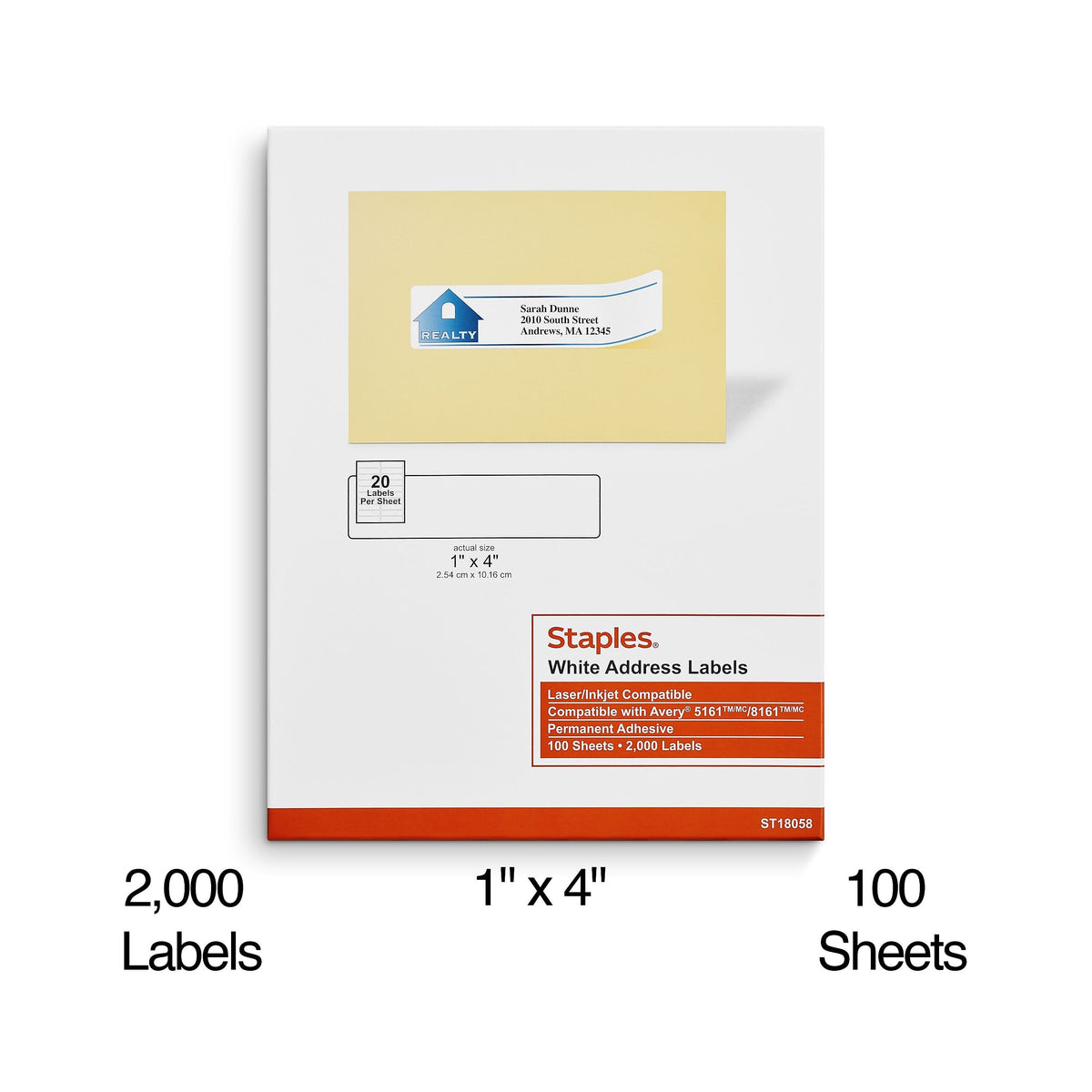 Staples Laser/Inkjet Address Labels, 1" x 4", White, 20 Labels/Sheet, 100 Sheets/Pack, 2000 Labels/Box