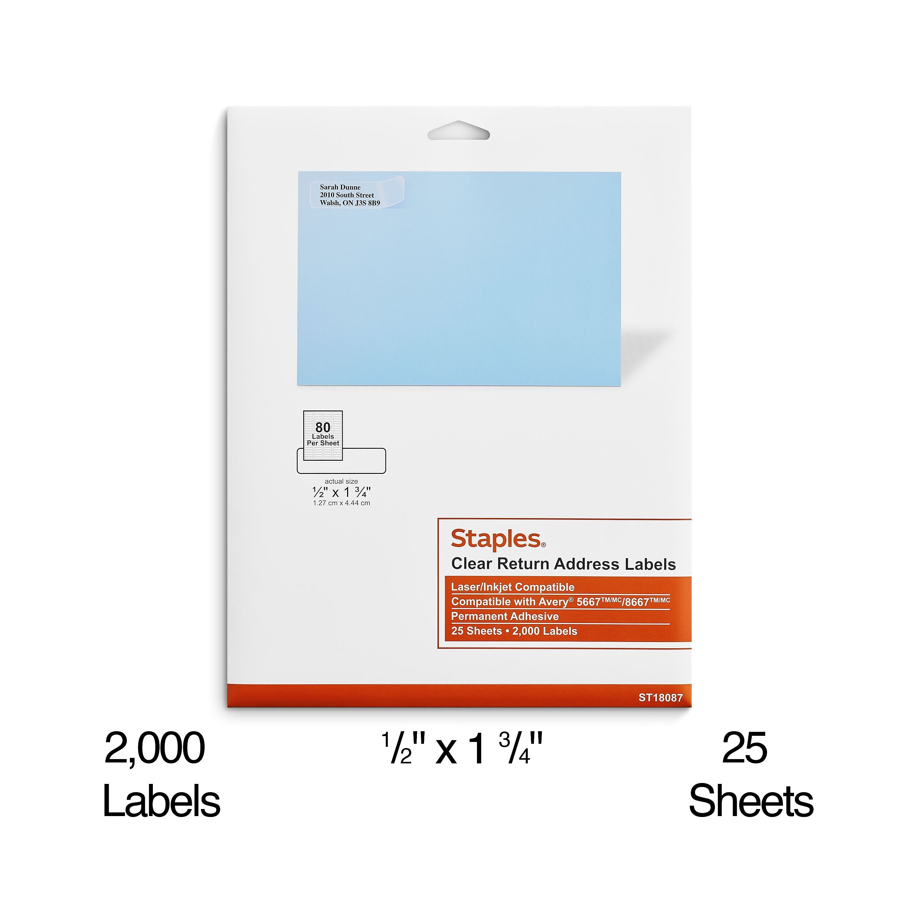 Staples Laser/Inkjet Address Labels, 1/2" x 1 3/4", Clear, 80 Labels/Sheet, 25 Sheets/Pack, 2000 Labels/Box