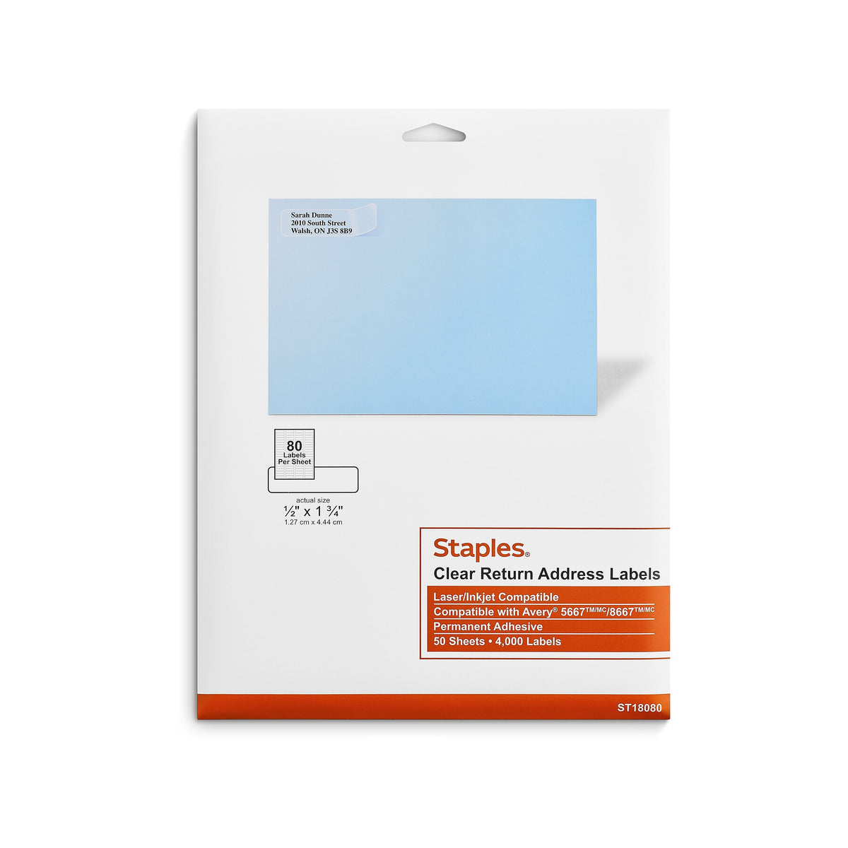 Staples Laser/Inkjet Address Labels, 1/2" x 1 3/4", Clear, 80 Labels/Sheet, 50 Sheets/Pack, 4000 Labels/Box