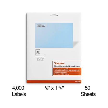 Staples Laser/Inkjet Address Labels, 1/2" x 1 3/4", Clear, 80 Labels/Sheet, 50 Sheets/Pack, 4000 Labels/Box