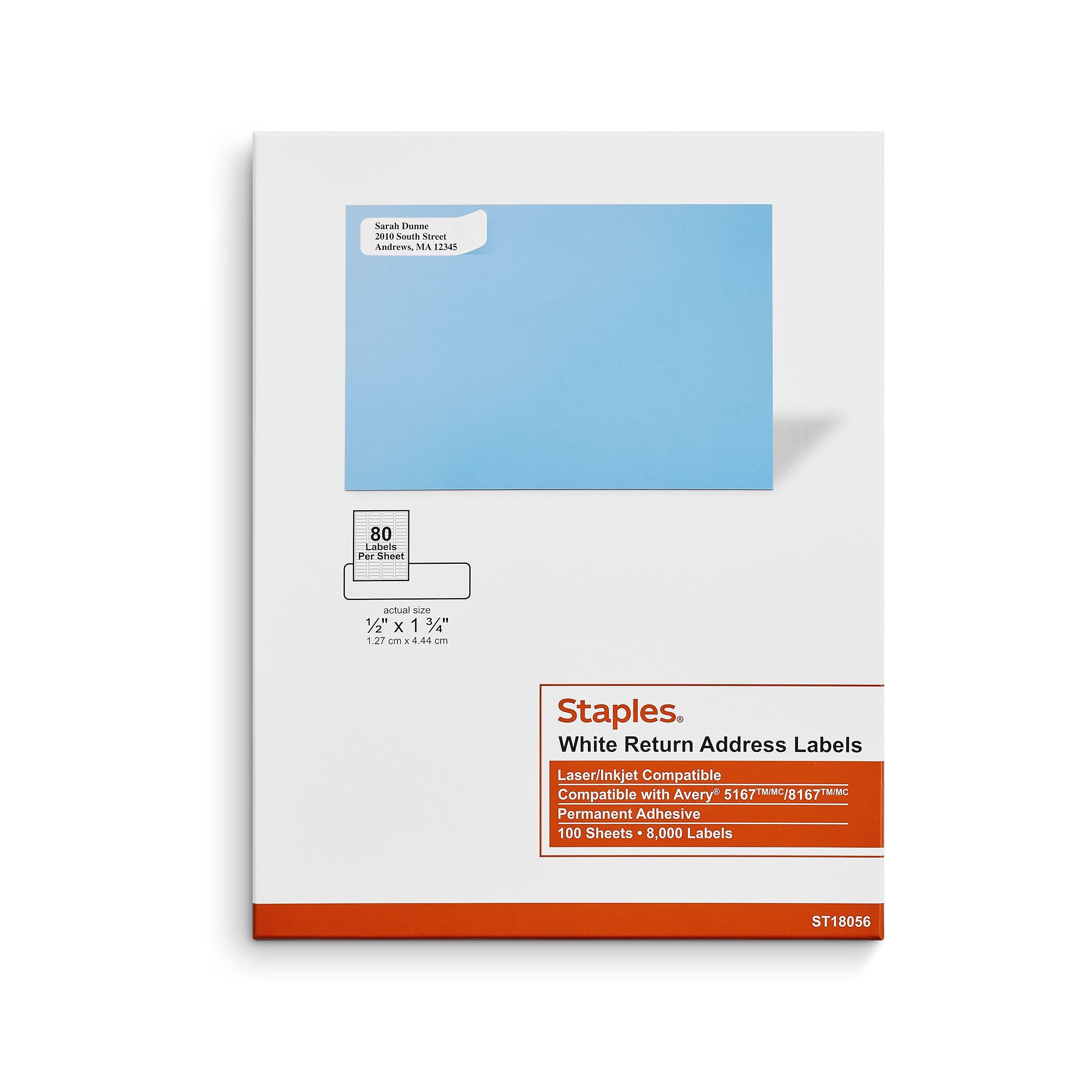 Staples Laser/Inkjet Address Labels, 1/2" x 1 3/4", White, 80 Labels/Sheet, 100 Sheets/Pack, 8000 Labels/Box