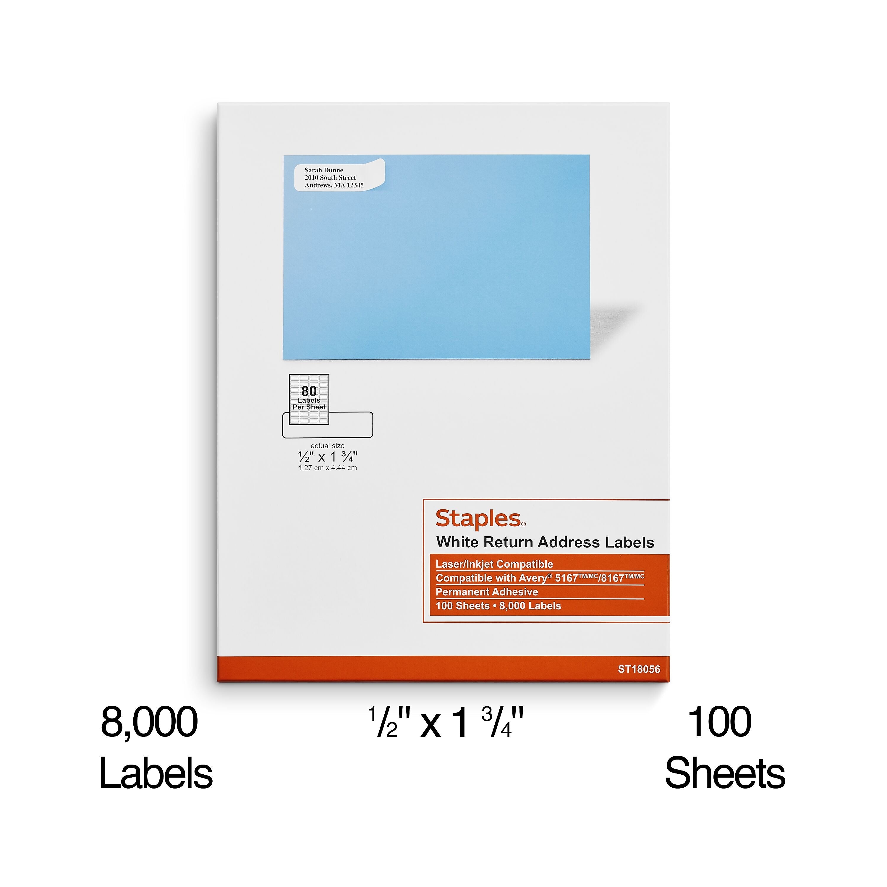 Staples Laser/Inkjet Address Labels, 1/2" x 1 3/4", White, 80 Labels/Sheet, 100 Sheets/Pack, 8000 Labels/Box