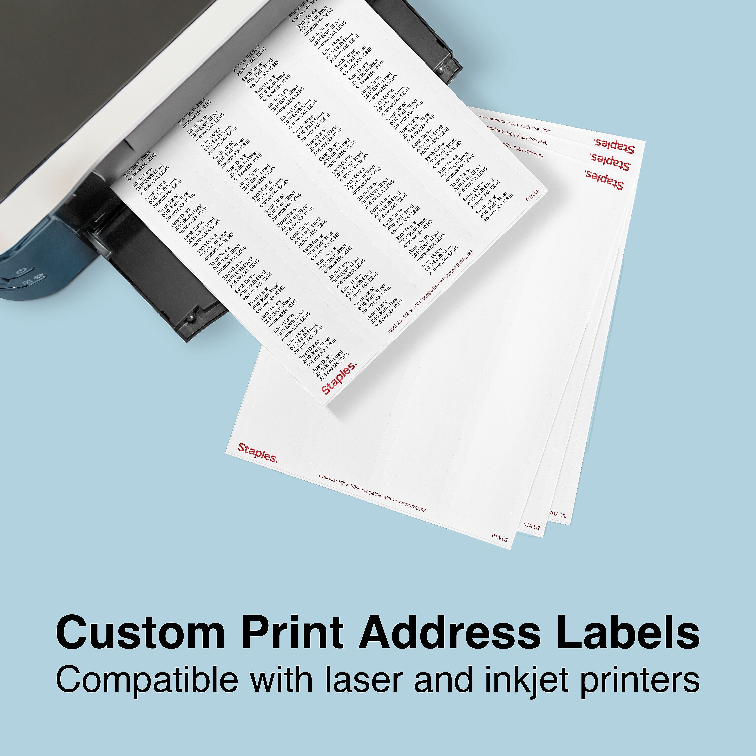 Staples Laser/Inkjet Address Labels, 1/2" x 1 3/4", White, 80 Labels/Sheet, 100 Sheets/Pack, 8000 Labels/Box