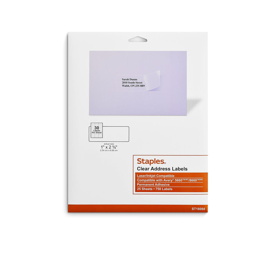 Staples Laser/Inkjet Address Labels Address Labels, 1 X 2 5/8", Clear, 30 Labels/Sheet, 25 Sheets/Pack, 750 Labels/Box