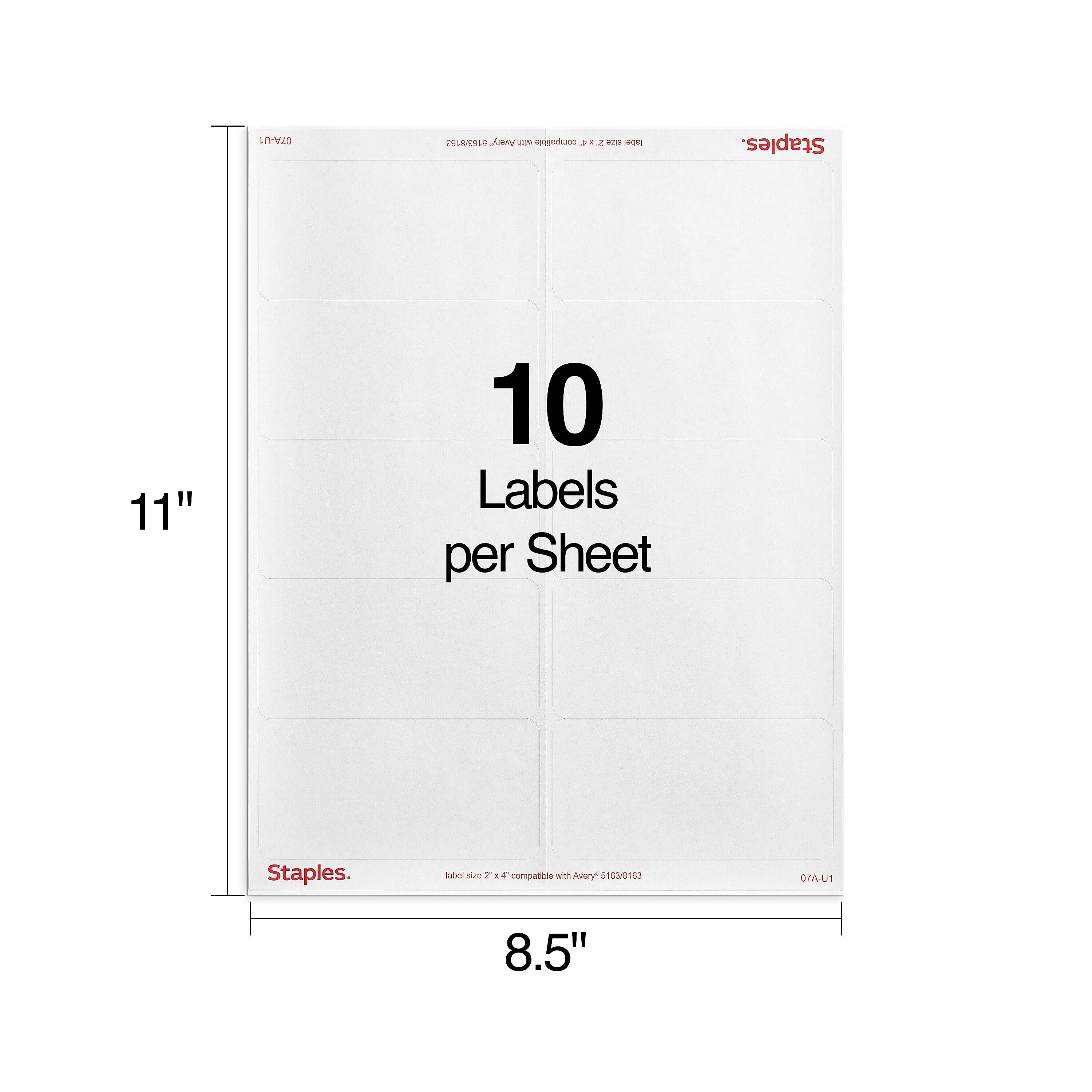 Staples Laser/Inkjet Shipping Labels, 2" x 4", White, 10 Labels/Sheet, 250 Sheets/Pack, 2500 Labels/Box