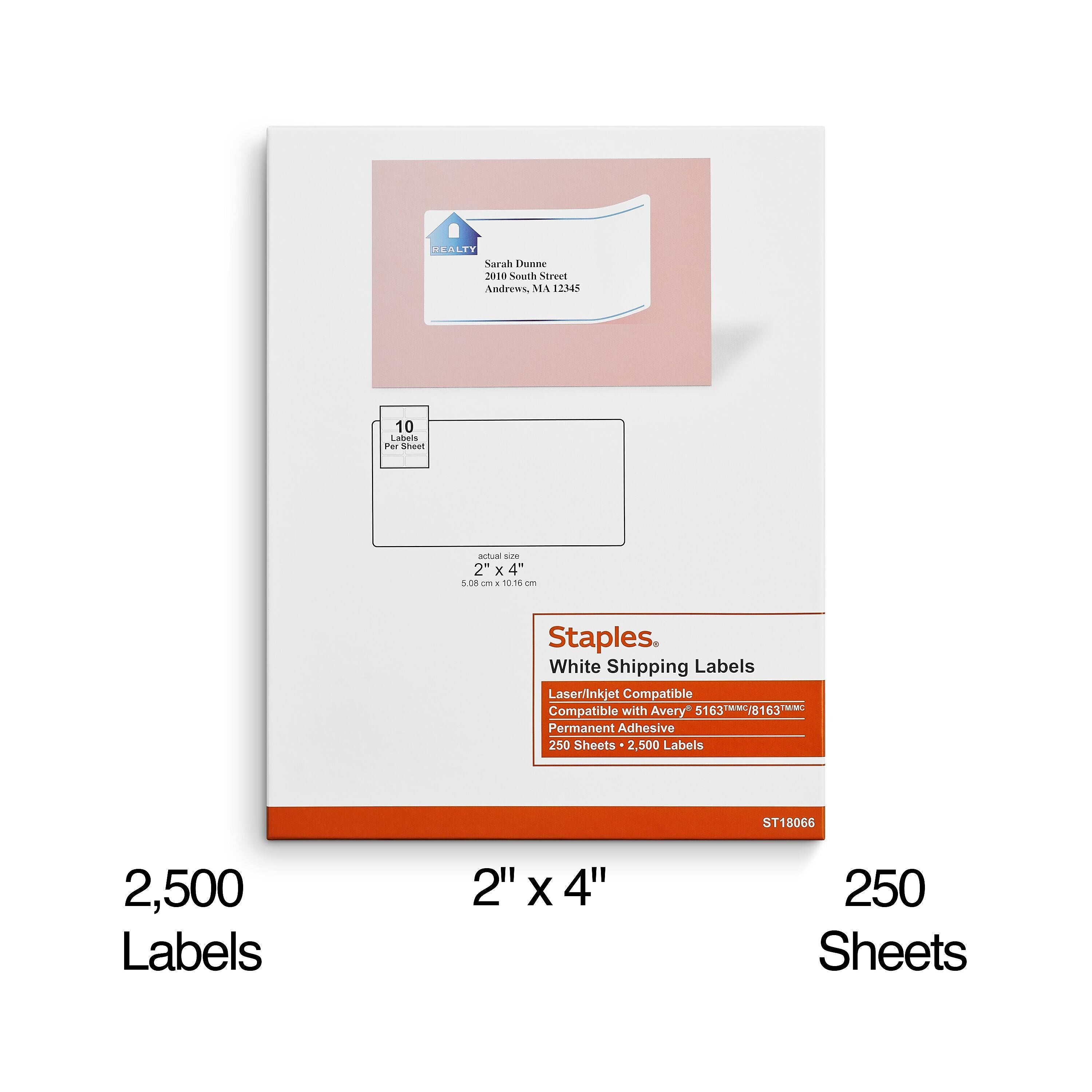 Staples Laser/Inkjet Shipping Labels, 2" x 4", White, 10 Labels/Sheet, 250 Sheets/Pack, 2500 Labels/Box