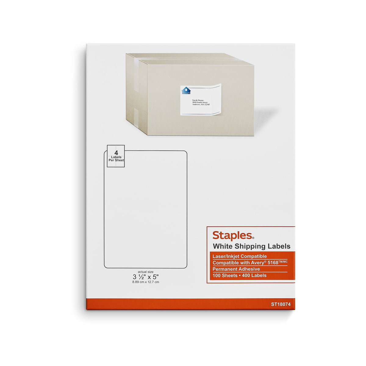 Staples Laser/Inkjet Shipping Labels, 3 1/2" x 5", Bright White, 4 Labels/Sheet, 100 Sheets/Pack, 400 Labels/Box