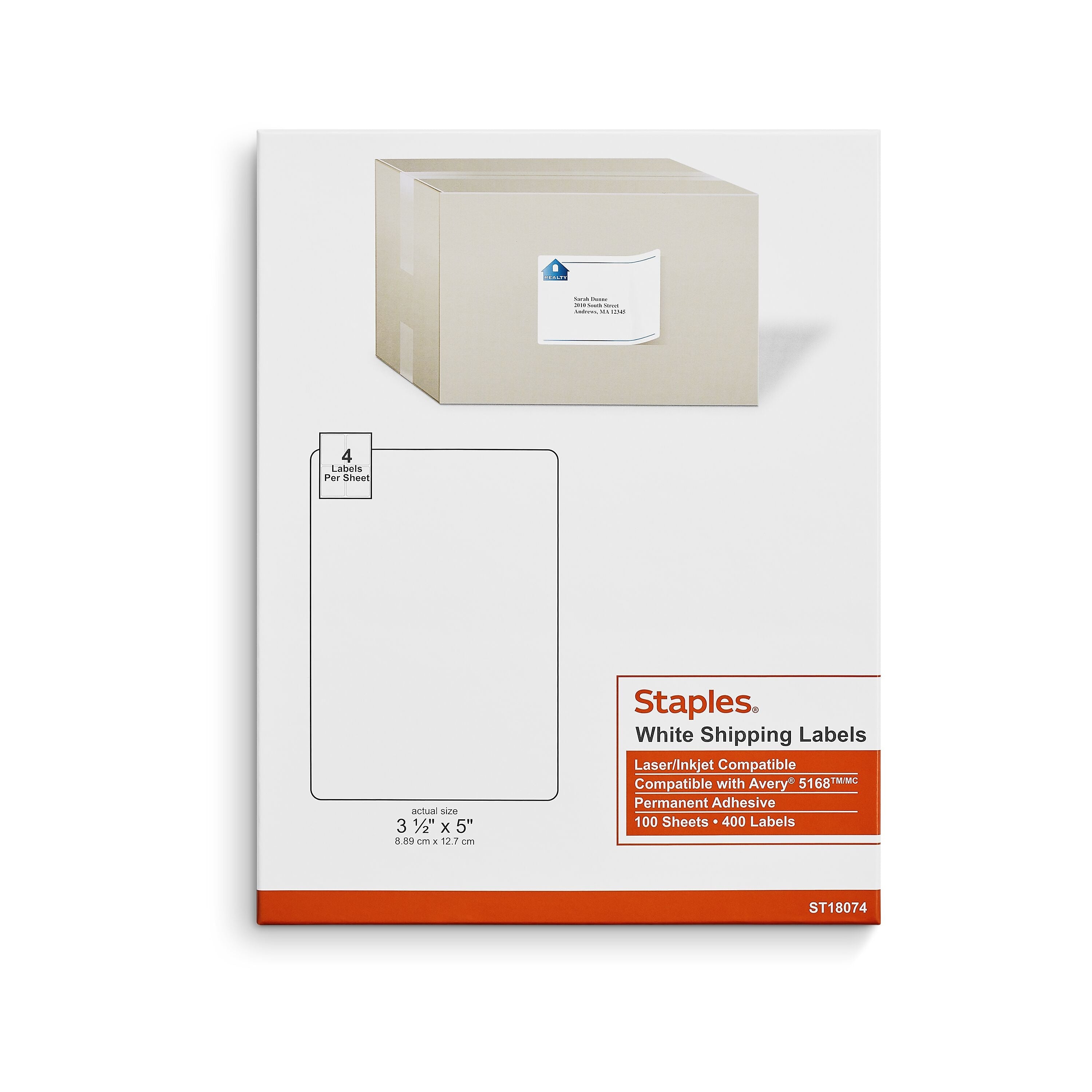 Staples Laser/Inkjet Shipping Labels, 3 1/2" x 5", Bright White, 4 Labels/Sheet, 100 Sheets/Pack, 400 Labels/Box