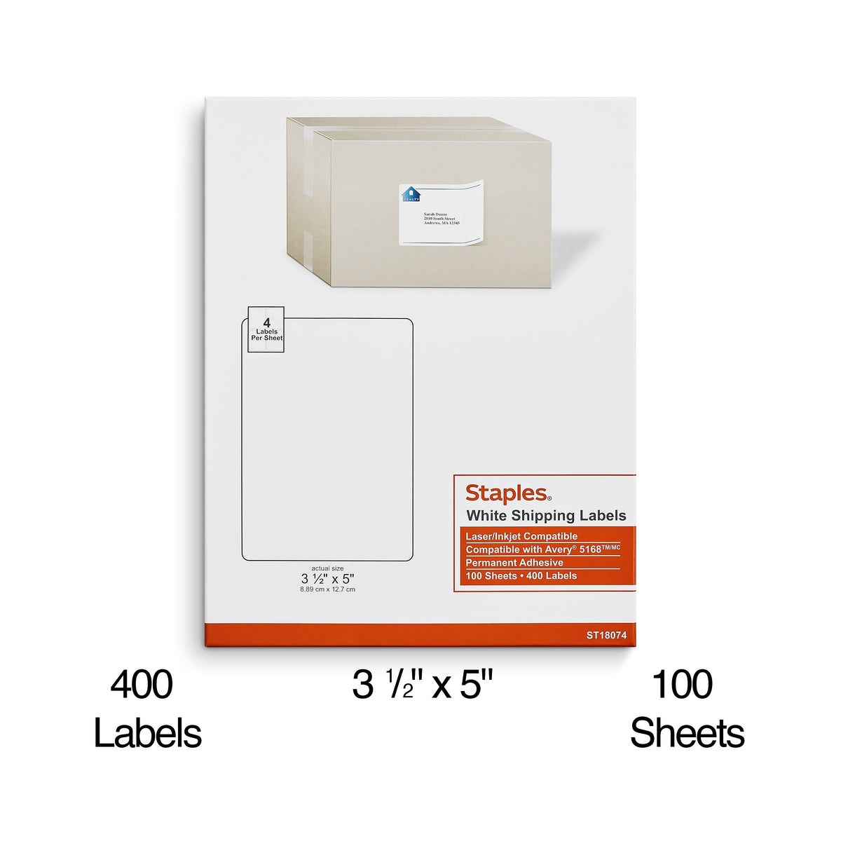 Staples Laser/Inkjet Shipping Labels, 3 1/2" x 5", Bright White, 4 Labels/Sheet, 100 Sheets/Pack, 400 Labels/Box