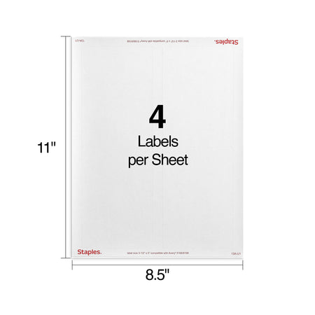 Staples Laser/Inkjet Shipping Labels, 3 1/2" x 5", Bright White, 4 Labels/Sheet, 100 Sheets/Pack, 400 Labels/Box