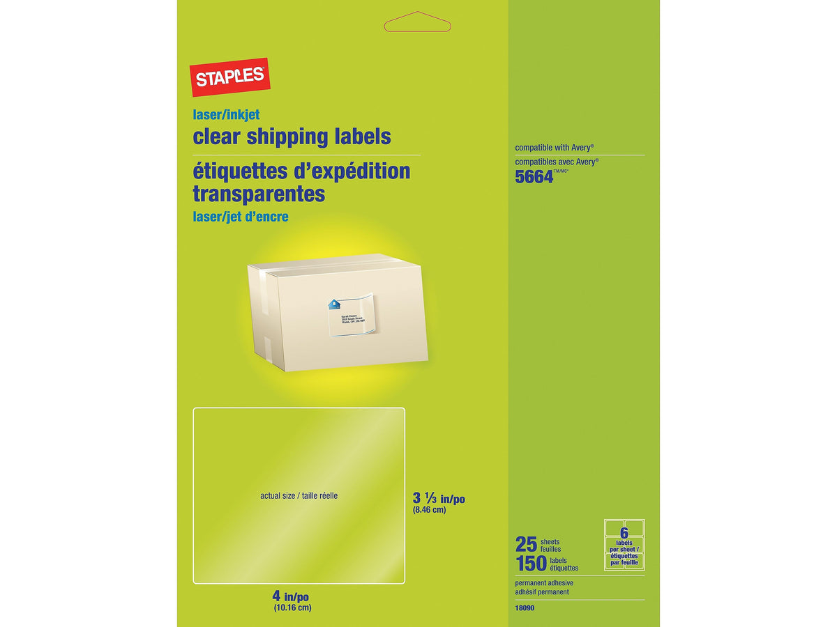 Staples Laser/Inkjet Shipping Labels, 3 1/3" x 4", Clear, 6 Labels/Sheet, 25 Sheets/Pack, 150 Labels/Box