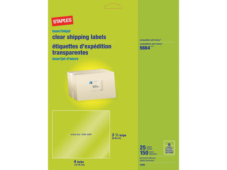 Staples Laser/Inkjet Shipping Labels, 3 1/3" x 4", Clear, 6 Labels/Sheet, 25 Sheets/Pack, 150 Labels/Box