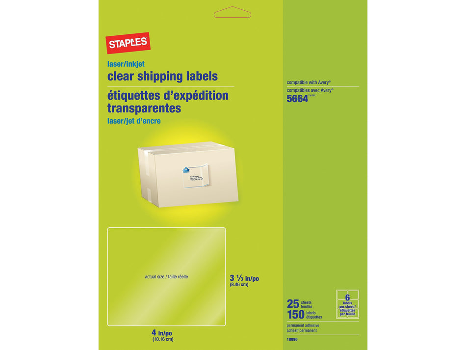 Staples Laser/Inkjet Shipping Labels, 3 1/3" x 4", Clear, 6 Labels/Sheet, 25 Sheets/Pack, 150 Labels/Box