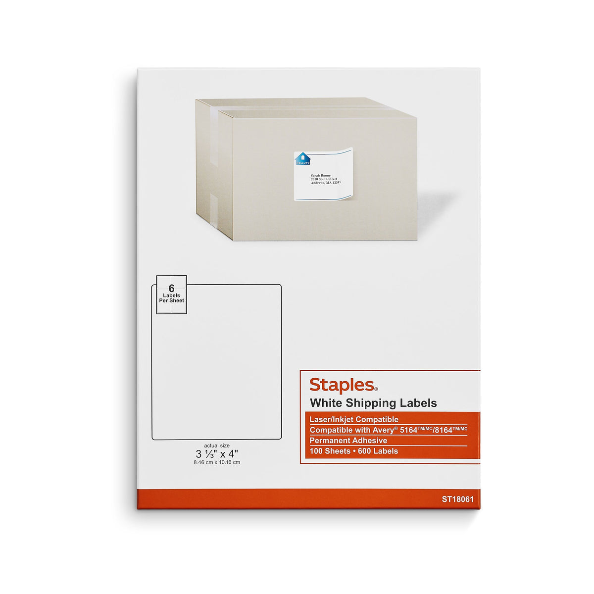 Staples Laser/Inkjet Shipping Labels, 3 1/3" x 4", White, 6 Labels/Sheet, 100 Sheets/Pack, 600 Labels/Box