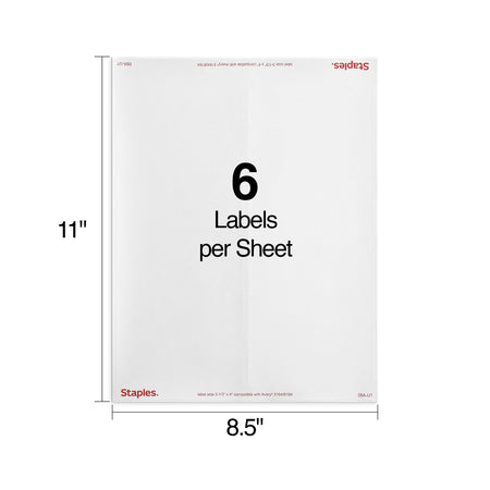 Staples Laser/Inkjet Shipping Labels, 3 1/3" x 4", White, 6 Labels/Sheet, 100 Sheets/Pack, 600 Labels/Box